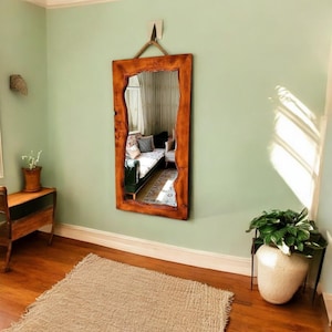 Rustic Wood Wall Mirror, Live Edge Wooden Mirror with Rope, Handmade Natural Frame Mirror, Farmhouse Decor, Entryway Accent