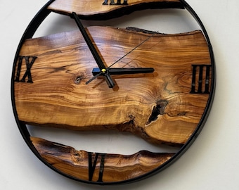 Olive Wood Wall Clock, Live Edge Design, Metal Frame, Rustic Farmhouse Decor