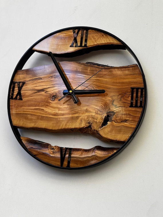 Olive Wood Wall Clock, Live Edge Design, Metal Frame, Rustic Farmhouse Decor