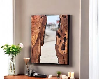 Live Edge Slab Rectangle Wall Mirror, Decorative Mirrors Made of Olive Wood, Wooden Frame Bathroom Mirror, Large Wall Mirror for Wall Decor