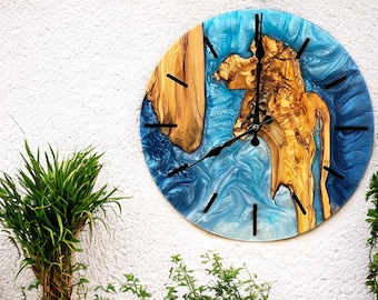 Personalized Clock Made Of Resin & Olive Wood, Custom Wooden and Epoxy Wall Clock, Unique Wall Clock for Living Room, Unique New Home Gift
