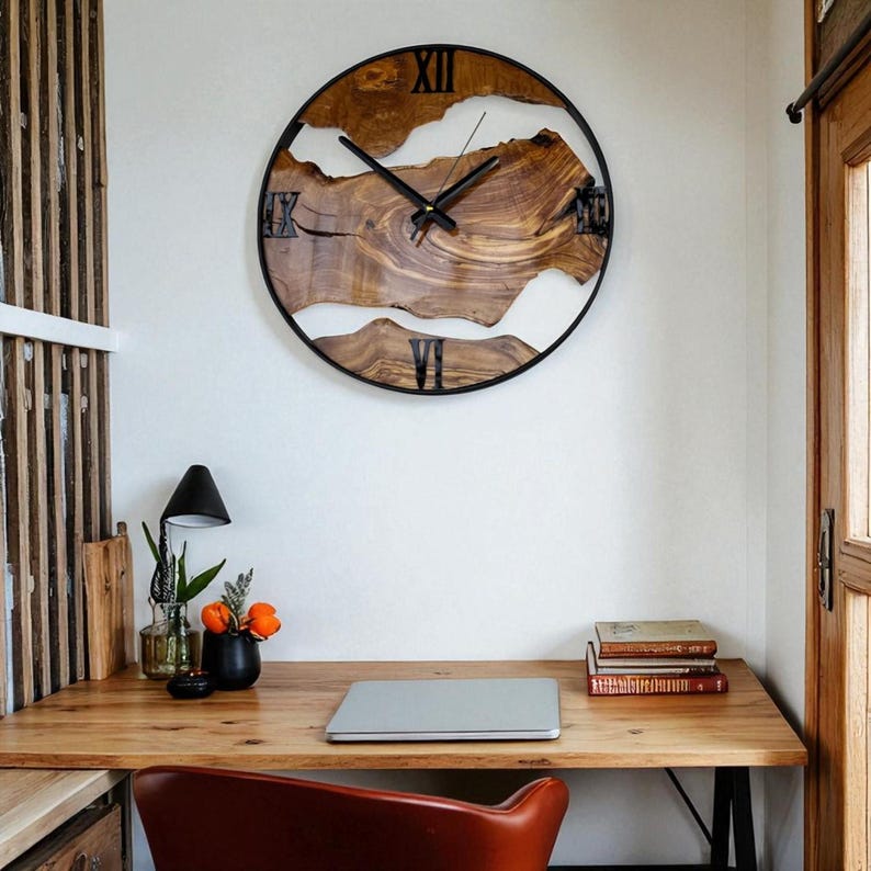 Olive Wood Wall Clock With Metal Frame, Handmade Rustic Live Edge ...