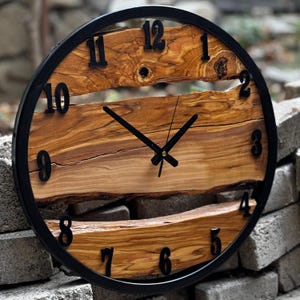 Metal and Big Wood Wall Clock, Wooden Wall Art, Made to Order Metal & Olive Wood Wall Clcok, Farmhouse Style Wooden Live Edge Wall Clock