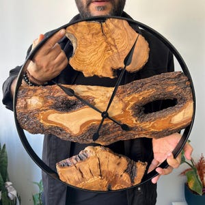 Metal & Olive Wood Oversized Wall Clock, Wood and Metal Large Wall Clock, Live Edge Unique Wall Clock, Wooden Wall Art, Unique Home Gift