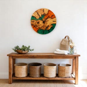 Organic wood grain and dynamic epoxy resin color blend wall clock.