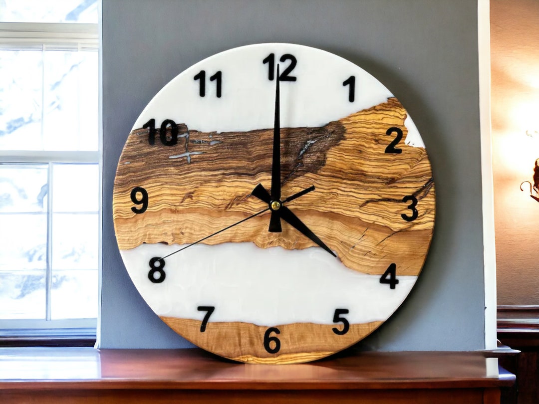 Custom Wall Clock Unique Made of Resin & Olive Wood, Personalized Epoxy ...