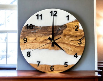 Custom Wall Clock Unique Made Of Resin & Olive Wood, Personalized Epoxy Wall Clock, Live Edge Rustic Olive Wood Wall Clock, New Home Gift