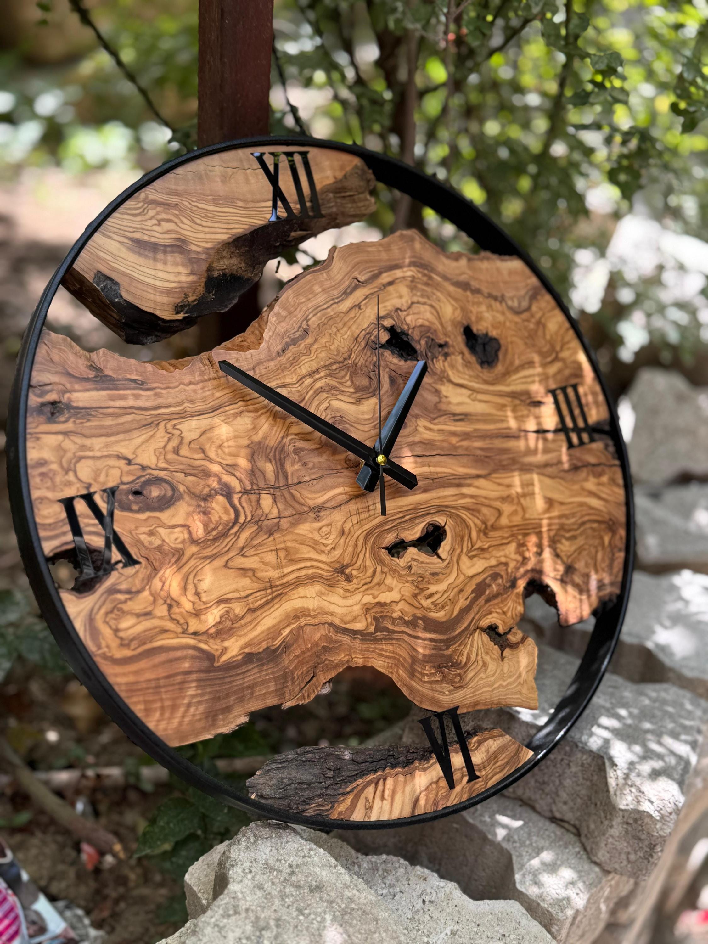 Live Edge Olive Wood Wall Clock, Rustic Metal Frame Timepiece ...