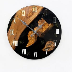 Handmade Olive Wood Wall Clock, Black Epoxy Resin Clock, Rustic Modern Wall Decor, Unique Round Wood Clock for New Home Gift