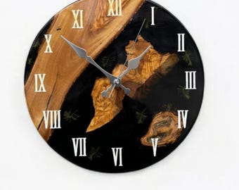 Handmade Olive Wood Wall Clock, Black Epoxy Resin Clock, Rustic Modern Wall Decor, Unique Round Wood Clock for New Home Gift