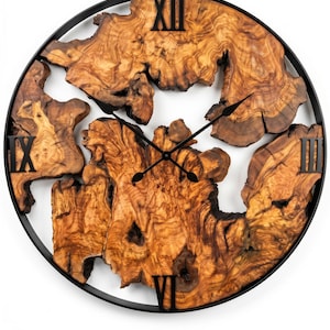 Olive Wood Wall Clock, Live Edge Rustic Metal Frame Farmhouse Decor