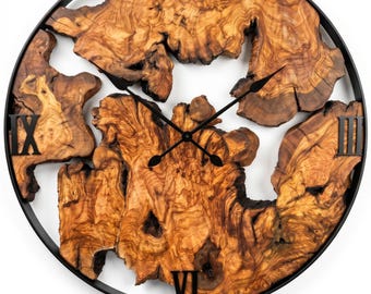 Oversized Wooden Wall Clock: Live Edge Olive Wood Wall Clock, Metal Framed Wall Decor