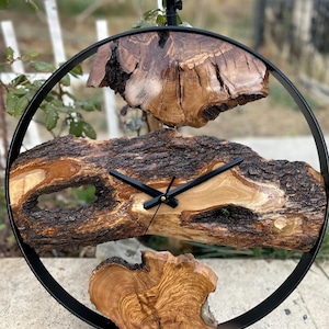 Olive Wood & Metal Oversized Wall Clock, Wood and Metal Large Wall Clock, Live Edge Unique Wall Clock, Wooden Wall Art, Unique Home Gift