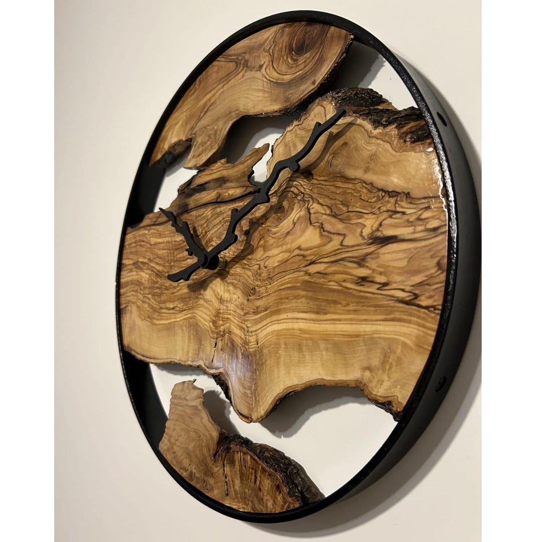 Olive Wood Oversized Wall Clock, Large Wall Clock With Live Edge Wood ...