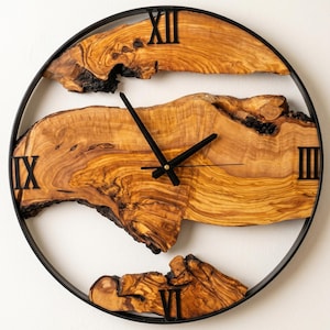 Oversized Olive Wood & Metal Wall Clock, Handmade Live Edge Design, Large Rustic Home Gift