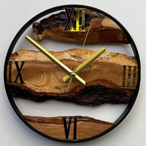 Made to Order Olive Wood and Metal Wall Clock, Farmhouse Style Wooden Live Edge Wall Clock, Wooden & Metal Wall Clock, Wooden Wall Art