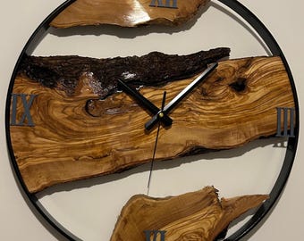 Metal & Olive Wood Large Wall Clock, Wooden and Metal Rustic Wall Clock, Live Edge Unique Wall Clock, Wooden Wall Art, Unique Home Gift