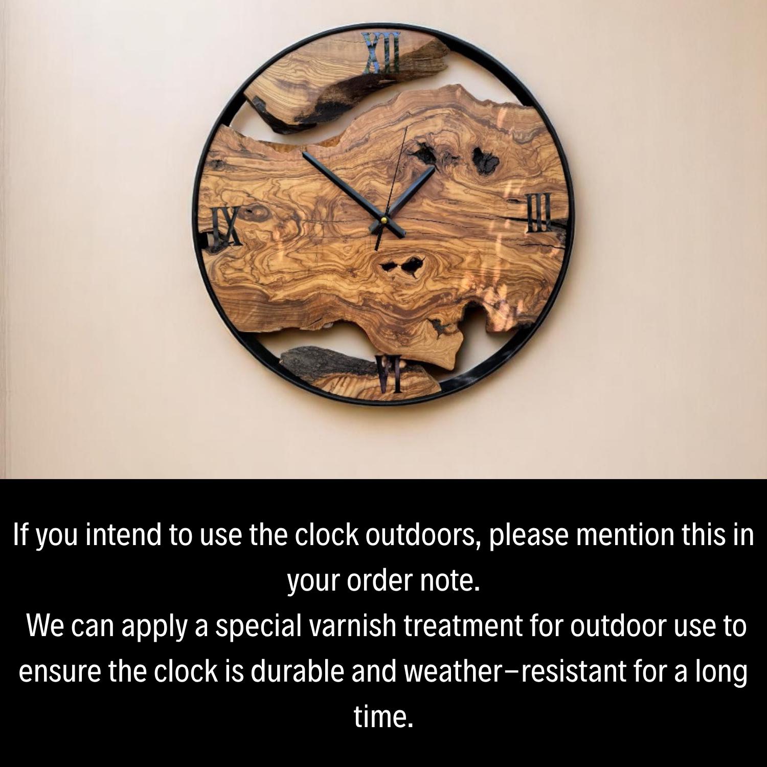 Live Edge Olive Wood Wall Clock, Rustic Metal Frame Timepiece ...