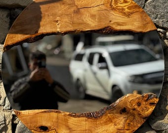 Live Edge Olive Wood Round Wall Mirror, Wood Frame Mirror for Wall Decor, Large Wall Mirror, Small Wood Wall Mirror, Decorative Wall Mirror