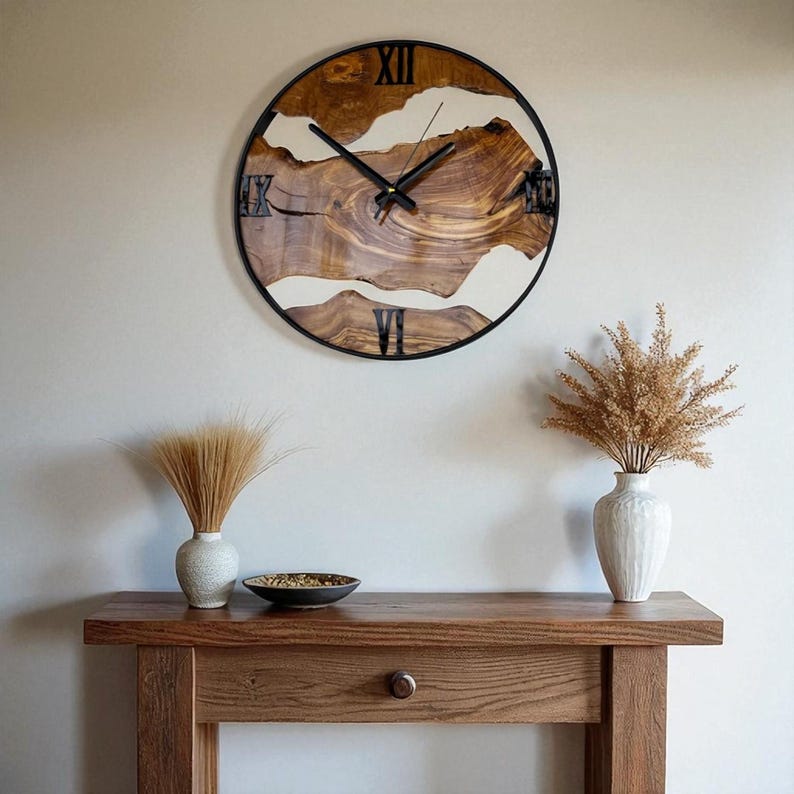 Olive Wood Wall Clock With Metal Frame, Handmade Rustic Live Edge ...
