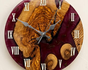Epoxy & Olive Wood Wall Clock, Live Edge Rustic Décor