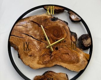Olive Wood Wall Clock with Metal Frame, Rustic Live Edge Wooden Clock