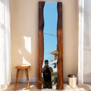 Full Length Mirror Made of Walnut, Floor Mirror with Wooden Frame, İrregular Mirror, Asymmetrical Mirror, Wavy Mirror, Unique Home Decor
