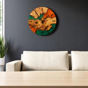 Detailed shot of artisan wood and resin clock texture.