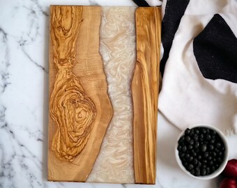 Olive Wood Cutting Board, Custom Resin Personalized Charcuterie Board, House Warming Gift, Unique Christmas Day Gift, White Home Decor