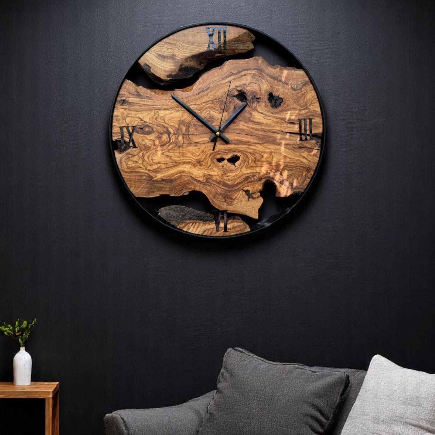 Live Edge Olive Wood Wall Clock, Rustic Metal Frame Timepiece ...