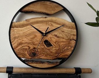 Handmade Olive Wood & Metal Clock, Rustic Live Edge Wall Art