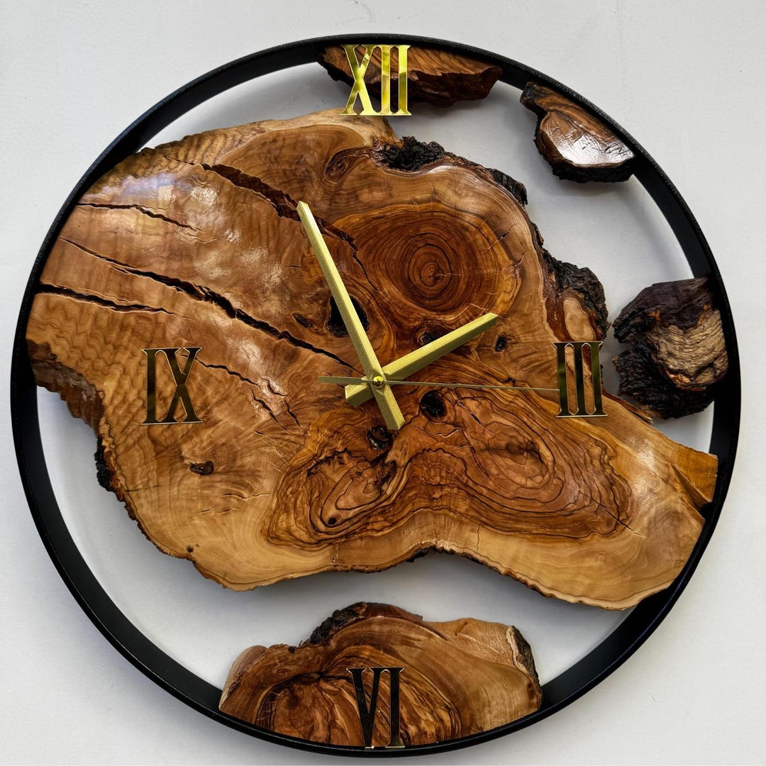 Large Wall Clock, Live Edge Wooden Clock, Olive Wood and Wall Clock ...