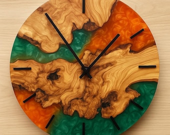 Olive Wood and Epoxy Resin Wall Clock, Handmade Modern Rustic Wall Clock, Natural Wood and Resin Art Clock, Unique Round Wall Decor