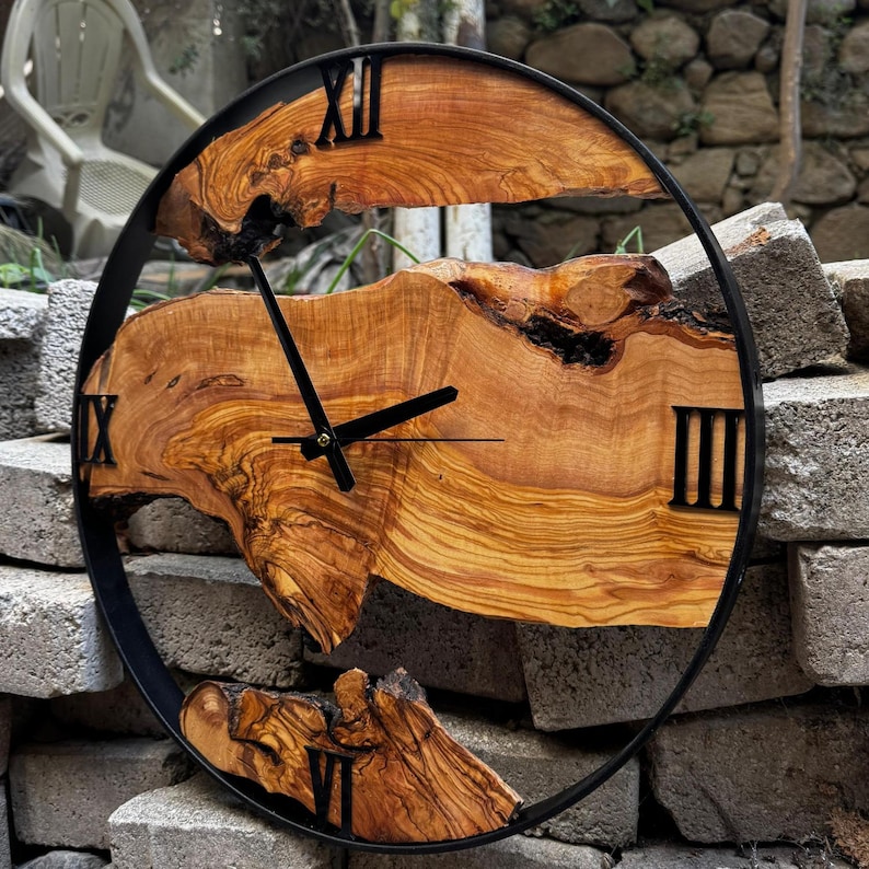 Oversized Olive Wood & Metal Wall Clock, Handmade Live Edge Design ...