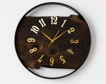 Live Edge Wooden Wall Clock with Metal Frame, Handmade Rustic Round Decor