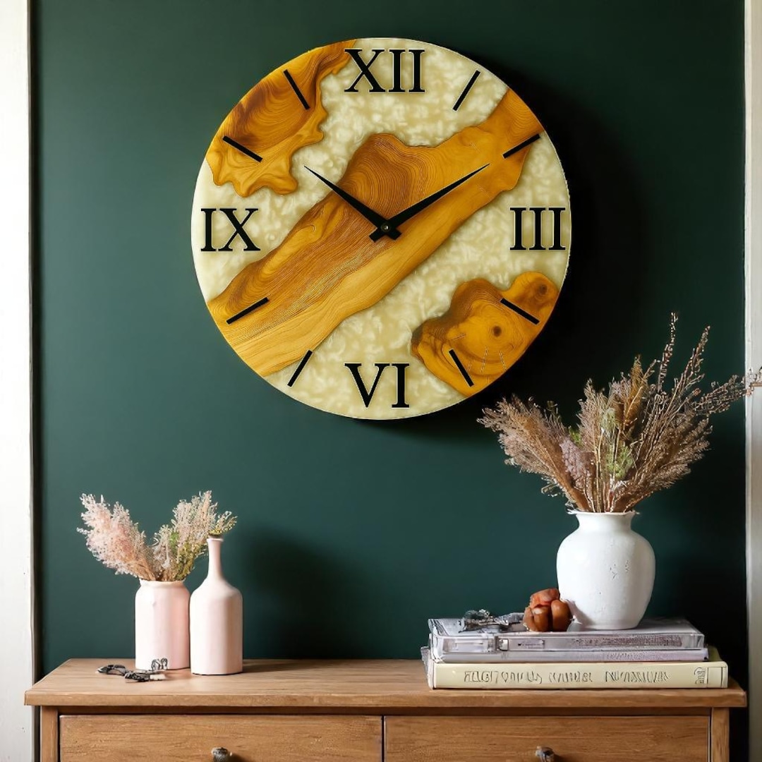 Live Edge Olive Wood Wall Clock With Resin, Handmade Natural Epoxy Wall ...