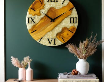Live Edge Olive Wood Wall Clock with Resin, Handmade Natural Epoxy Wall Art, Rustic Modern Home Decor, Unique Wooden Clock Gift
