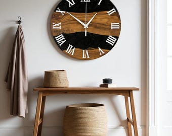 Handmade Olive Wood & Pearl Resin Wall Clock, Rustic Roman Numeral Epoxy Clock, Natural Wood Wall Art for Living Room Decor