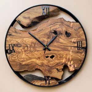 Olive Wood Wall Clock, Live Edge Wooden Clock, Rustic Round Metal Frame Clock, Natural Wood Wall Art, Personalized Wall Decor