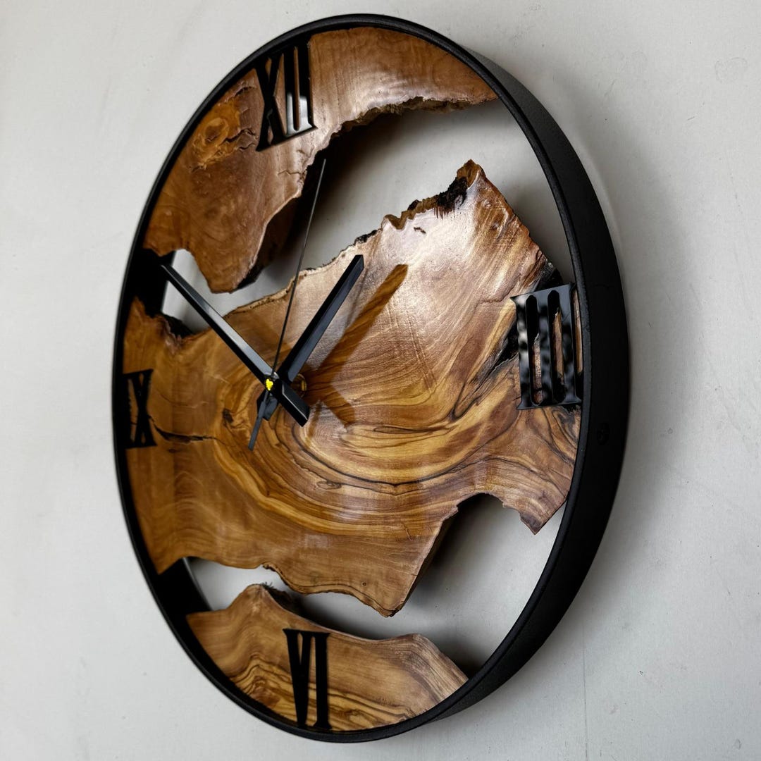 Olive Wood Wall Clock With Metal Frame, Handmade Rustic Live Edge ...
