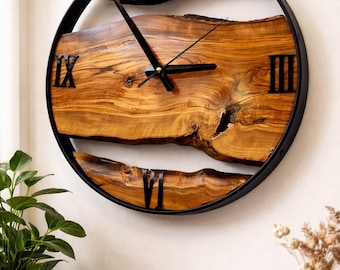 Live Edge Olive Wood Clock, Roman or Latin Numbers, Rustic Metal Frame Statement Decor, Custom Size Options