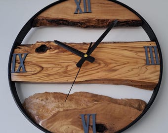 Olive Wood Oversized Wall Clock, Large Wall Clock with Wood and Metal, Live Edge Unique Wall Clock, Handmade Wood Wall Art, Christmas Gift