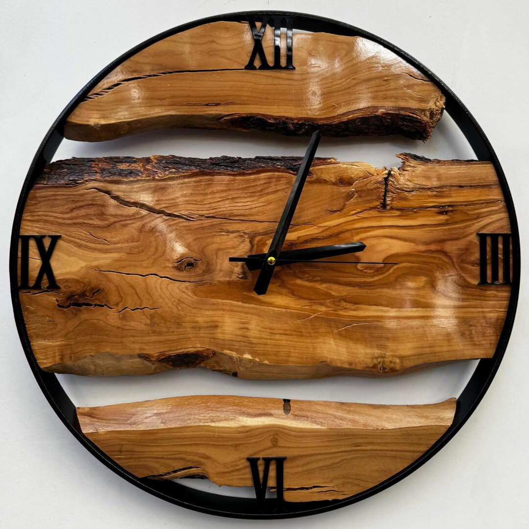 Handmade Olive Wood Wall Clock With Metal Frame, Personalized Rustic ...