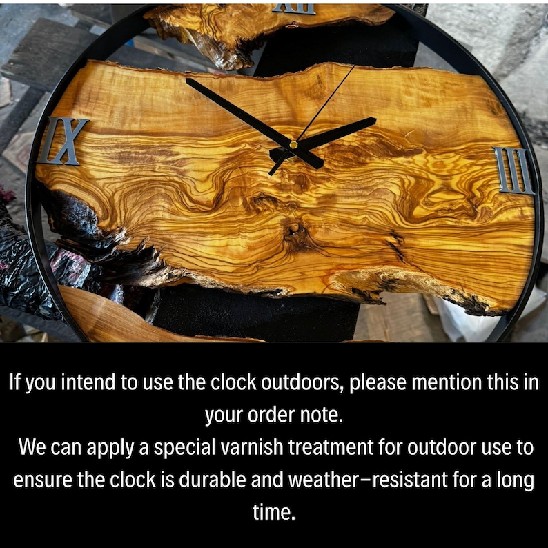 Organic modern style olive wood wall clock with bold Roman numerals.