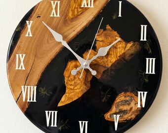 Olive Wood & Black Epoxy Resin Wall Clock, Handmade Rustic Wall Accent