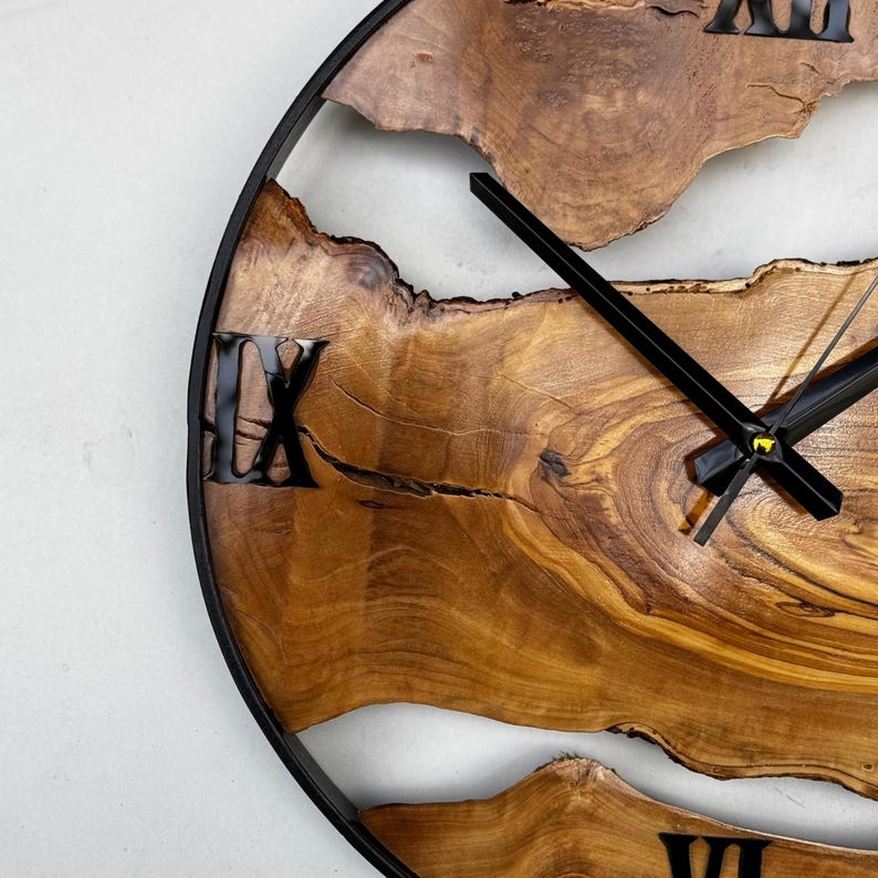 Olive Wood Wall Clock With Metal Frame, Handmade Rustic Live Edge ...