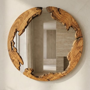 Live Edge olijfhouten spiegel, rond organisch wanddecor, rustiek statementstuk