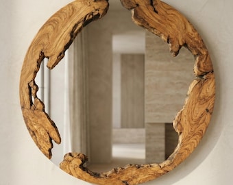 Live Edge Olive Wood Mirror, Round Organic Wall Decor, Rustic Statement Piece