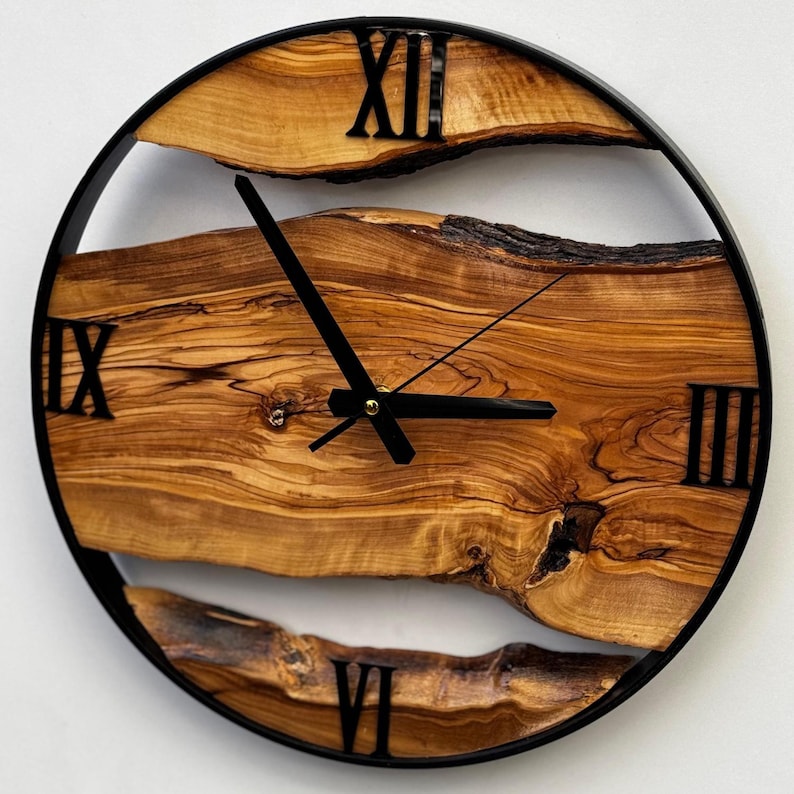 Modern wall decor clock made from solid olive wood and matte black frame.