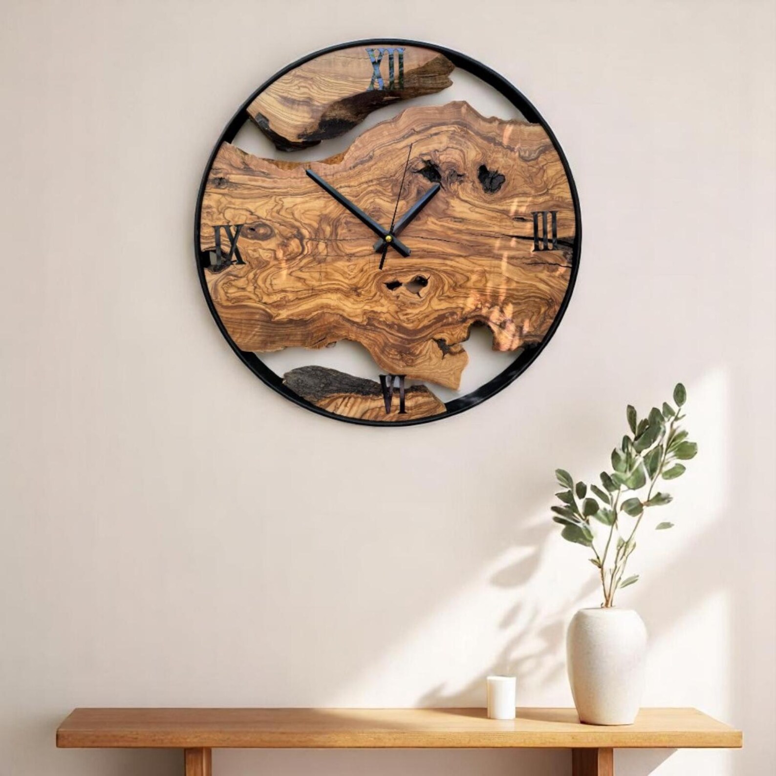 Live Edge Olive Wood Wall Clock, Rustic Metal Frame Timepiece ...
